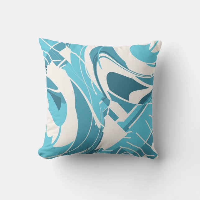 Turquoise Aqua Off-white Swirling Geometric Shapes Cushion (Front)