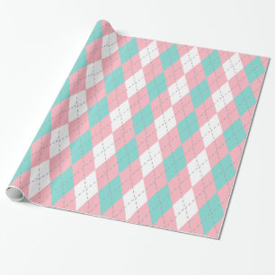 Turquoise Aqua Pink Dk Grey Wht XL Argyle Wrapping Paper