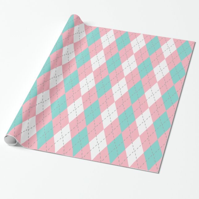 Turquoise Aqua Pink Dk Grey Wht XL Argyle Wrapping Paper (Unrolled)