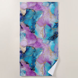 Turquoise Aqua Purple Gold Marble Beach Towel