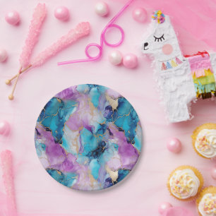 Turquoise Aqua Purple Gold Marble Paper Plate