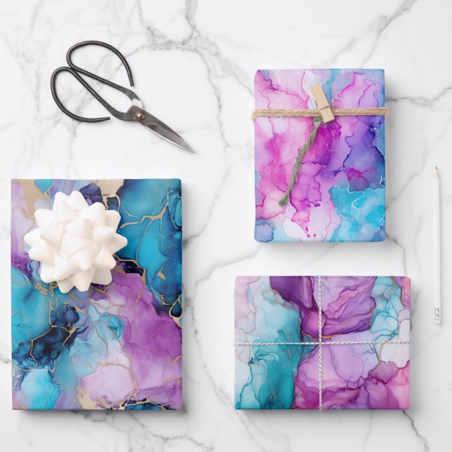 Turquoise Aqua Purple Gold Marble Wrapping Paper Sheet (Front)