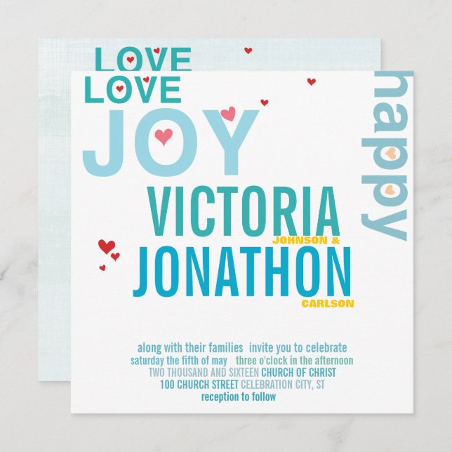 Turquoise Aqua Red Heart Modern Typography Wedding Invitation (Front/Back)