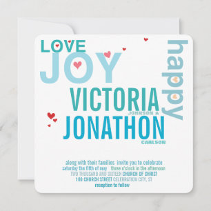 Turquoise Aqua Red Heart Modern Typography Wedding Invitation