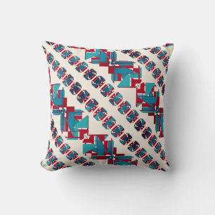 Turquoise Aqua Red White Diagonal Mediterranean Cushion