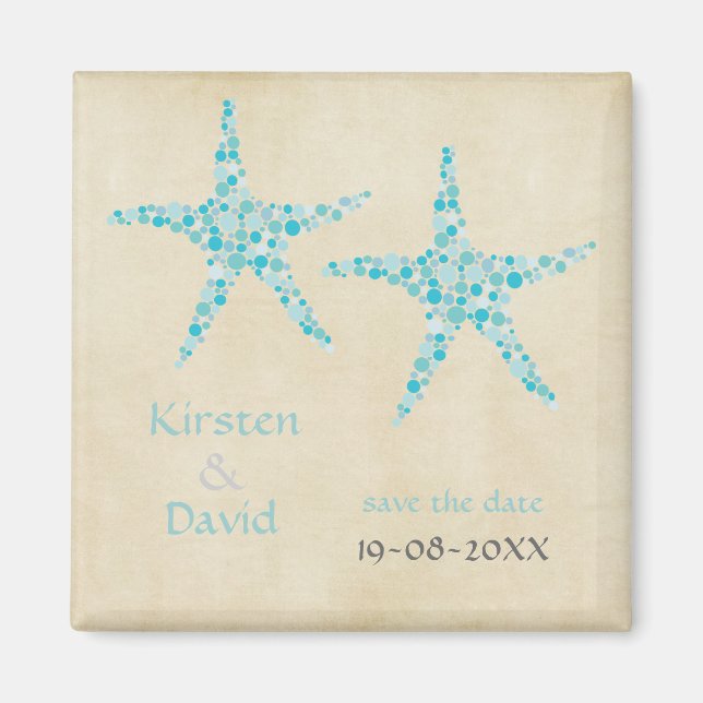 Turquoise Aqua Starfish Pair Save the Date Magnet (Front)