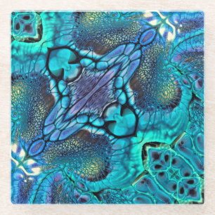 Turquoise Aqua teal blue purple gold abstract Glass Coaster