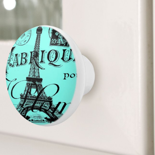 turquoise aqua teal scripts Paris Eiffel Tower Ceramic Knob (turquoise aqua teal scripts Paris Eiffel Tower Ceramic Knob)