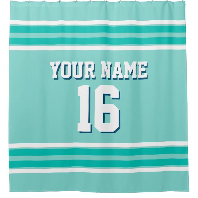 Turquoise Aqua Teal White Stripes Sports Jersey Shower Curtain (Front)