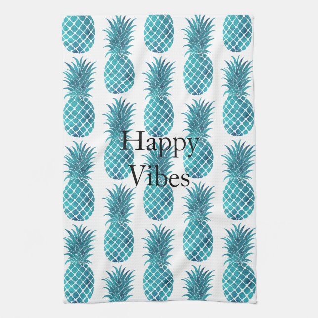 Turquoise Aqua Tropical Pineapples Tea Towel (Vertical)