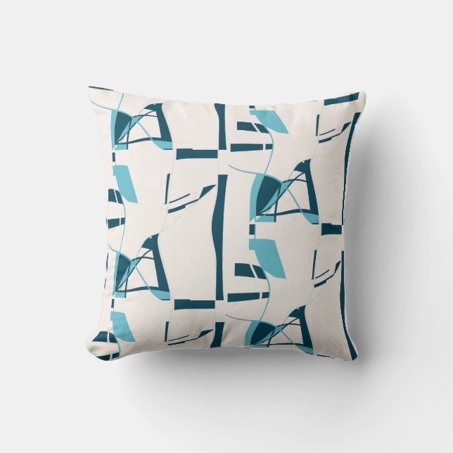 Turquoise Aqua Twirling Lines Print on Off-White Cushion (Front)
