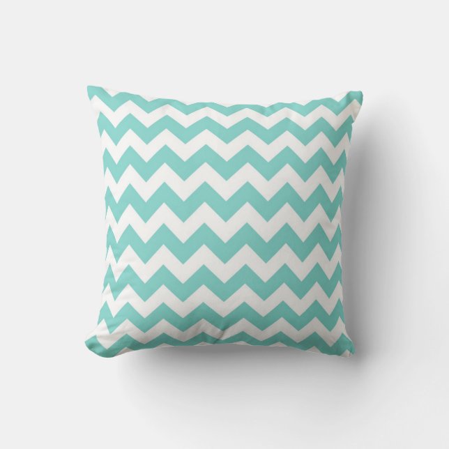 Turquoise Aqua White Chevron Zig Zag Pattern Cushion (Front)