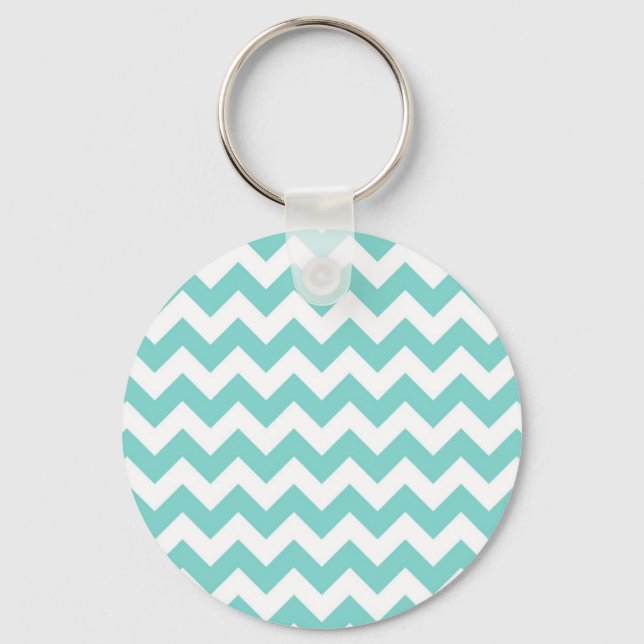 Turquoise Aqua White Chevron Zig Zag Pattern Key Ring (Front)