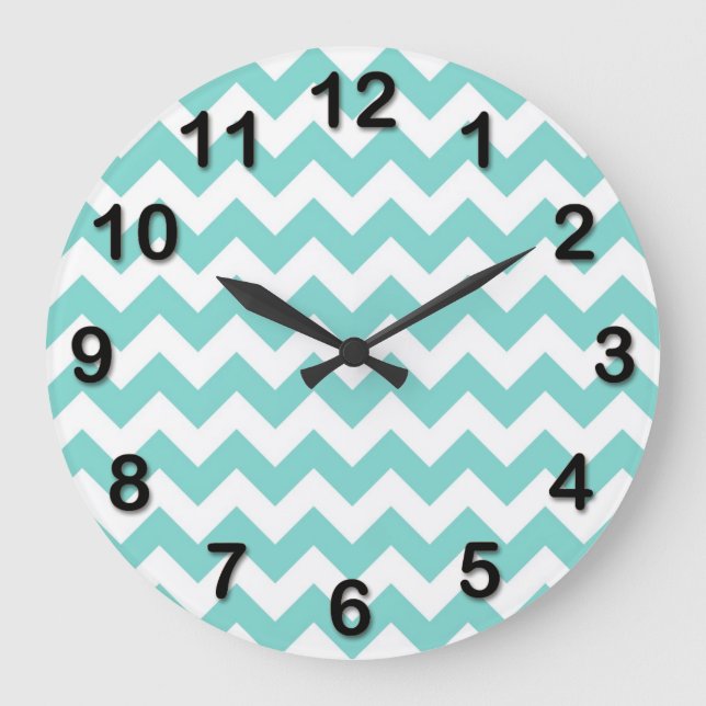 Turquoise Aqua White Chevron Zig Zag Pattern Large Clock (Front)