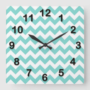 Turquoise Aqua White Chevron Zig Zag Pattern Square Wall Clock