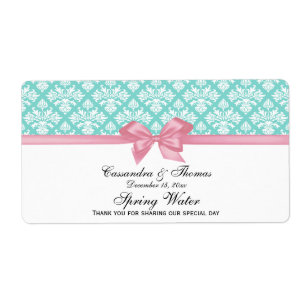 Turquoise Aqua, White Damask Water Label Pink Bow