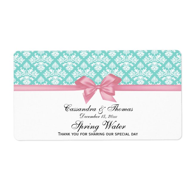 Turquoise Aqua, White Damask Water Label Pink Bow (Front)