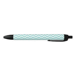 Turquoise Aqua White Large Chevron ZigZag Pattern Black Ink Pen