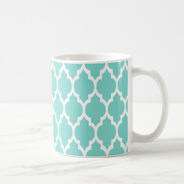 Turquoise Aqua Wht Moroccan Quatrefoil Pattern #4 Coffee Mug (Right)