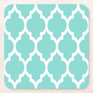 Turquoise Aqua Wht Moroccan Quatrefoil Pattern #4 Square Paper Coaster