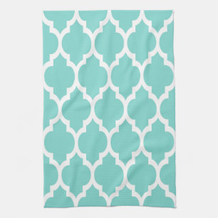 Turquoise Aqua Wht Moroccan Quatrefoil Pattern #4 Tea Towel