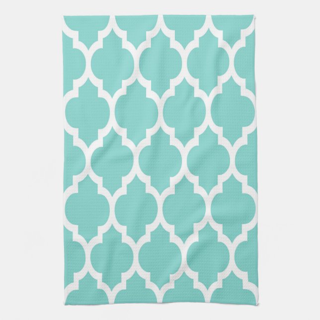 Turquoise Aqua Wht Moroccan Quatrefoil Pattern #4 Tea Towel (Vertical)