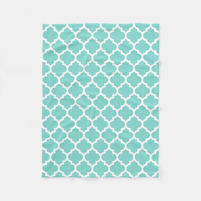 Turquoise Aqua Wht Moroccan Quatrefoil Pattern #5 Fleece Blanket (Front)