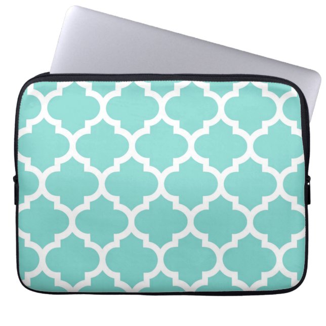 Turquoise Aqua Wht Moroccan Quatrefoil Pattern #5 Laptop Sleeve (Front)