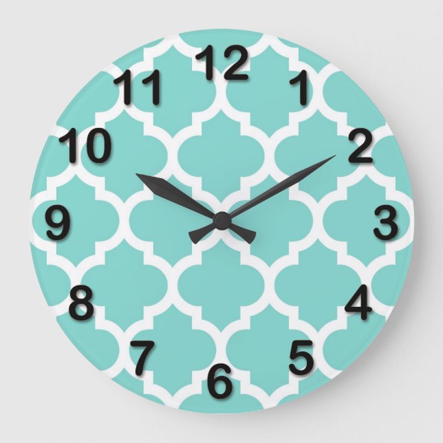 Turquoise Aqua Wht Moroccan Quatrefoil Pattern #5 Large Clock (Front)