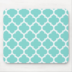 Turquoise Aqua Wht Moroccan Quatrefoil Pattern #5 Mouse Pad