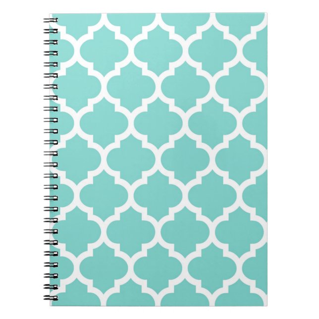 Turquoise Aqua Wht Moroccan Quatrefoil Pattern #5 Notebook (Front)