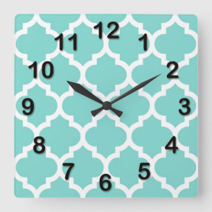 Turquoise Aqua Wht Moroccan Quatrefoil Pattern #5 Square Wall Clock