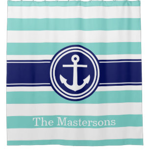 Turquoise Aqua Wt Navy Blue Nautical Stripe Anchor Shower Curtain