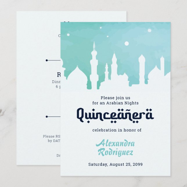 Turquoise Arabian Nights Watercolor Quinceañera Invitation (Front/Back)