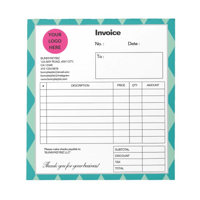 Turquoise Argyle Company Business Shop Invoice Notepad (Front)