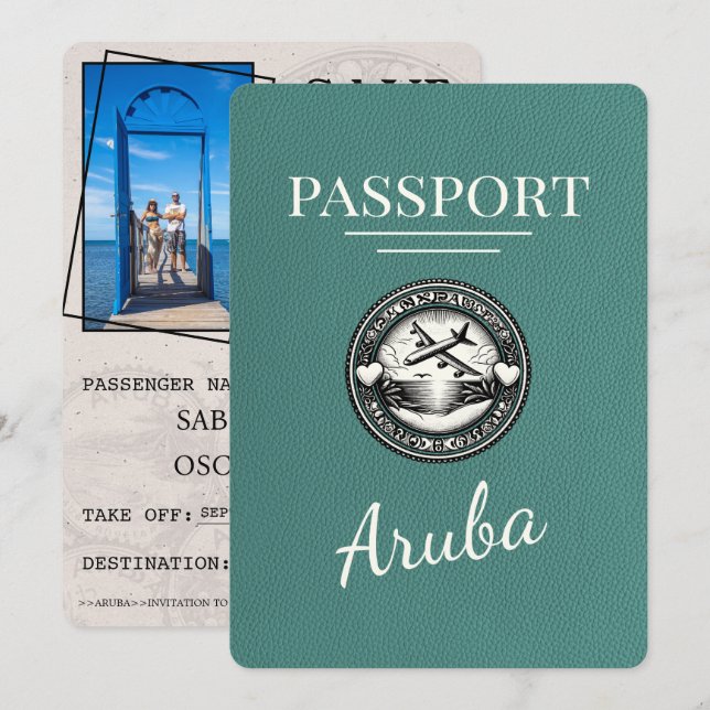 Turquoise Aruba Passport Save The Date (Front/Back)