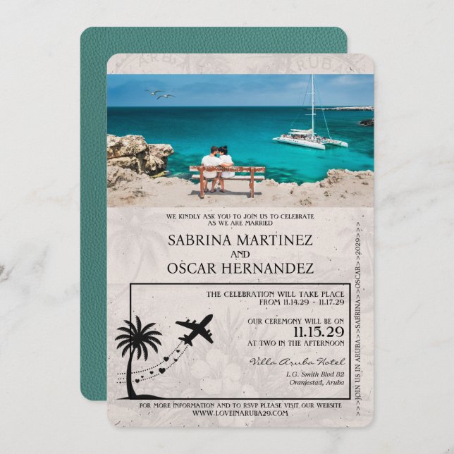 Turquoise Aruba Passport Wedding Invitation (Front/Back)