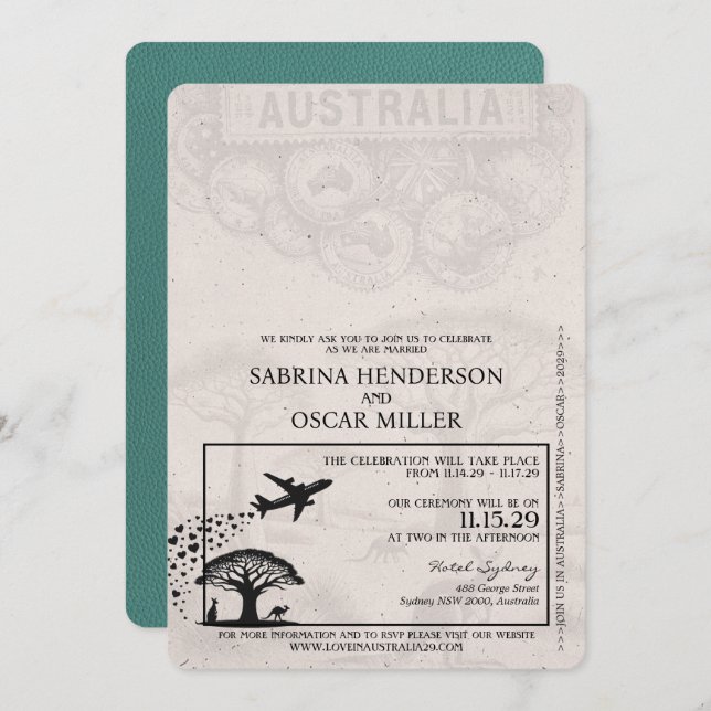 Turquoise Australia Passport Wedding Invitation (Front/Back)
