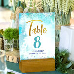 Turquoise B’nai Mitzvah Watercolor Gold Script Table Number<br><div class="desc">No B’nai Mitzvah party is complete without personalised table number cards. Let your favourite B’nai Mitzvahs be proud, rejoice and celebrate their milestone at their perfectly coordinated party. Stunning, modern, sparkly gold faux foil handwritten script and tiny blue confetti dots overlay a turquoise blue watercolor background. Personalise the custom text...</div>
