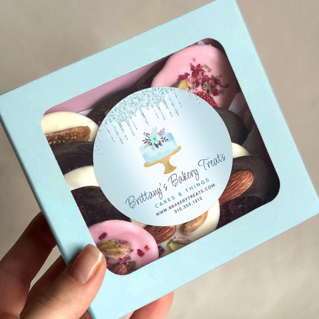 Turquoise Bakery Cake Pastry Glitter Drips Dessert Classic Round Sticker (Creator Uploaded)