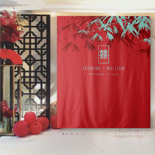 Turquoise Bamboo Leaves Chinese Wedding Backdrop Tapestry