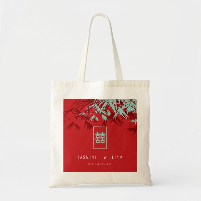 Turquoise Bamboo Leaves Double Xi Chinese Wedding Tote Bag (Front)