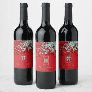Turquoise Bamboo Leaves Double Xi Chinese Wedding Wine Label