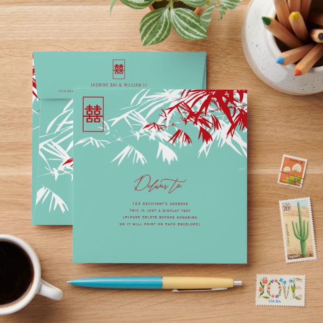 Turquoise Bamboo Leaves Shuang Xi Chinese Wedding  Envelope (Desk)