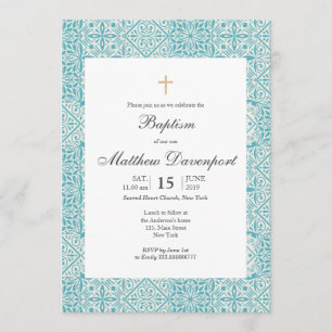 Turquoise Baptism invitation with trendy tiles.