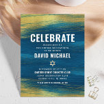 Turquoise Bar Mitzvah Bold Type Gold Foil Modern Enclosure Card<br><div class="desc">Be proud, rejoice and showcase this milestone of your favorite Bar Mitzvah! Include this cool, unique, modern, personalized insert for additional information to your event. Metallic gold foil brush strokes and Star of David, along with bold, white typography, overlay a rich, turquoise blue ombre paint background. Personalize the custom text...</div>