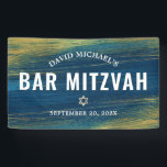 Turquoise Bar Mitzvah Gold Bold Modern Typography  Banner<br><div class="desc">Be proud, rejoice and showcase this milestone of your favourite Bar Mitzvah! Hang up this cool, unique, modern, personalised banner to add to his special day. Metallic gold foil brush strokes and Star of David, along with bold, white typography, overlay a rich, turquoise blue ombre paint background. Personalise the custom...</div>