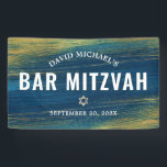 Turquoise Bar Mitzvah Gold Bold Modern Typography  Banner<br><div class="desc">Be proud, rejoice and showcase this milestone of your favourite Bar Mitzvah! Hang up this cool, unique, modern, personalised banner to add to his special day. Metallic gold foil brush strokes and Star of David, along with bold, white typography, overlay a rich, turquoise blue ombre paint background. Personalise the custom...</div>