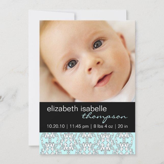 Turquoise Baroque Baby Girl Photo Announcement (Front)