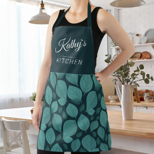 Turquoise Basil Herb Leaf Pattern Botanical Name Apron